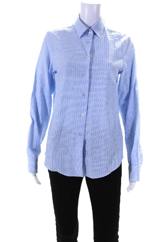 Sharis Place Womens Caty Seersucker Stripe Boyfriend Shirt Blouse Blue IT 44