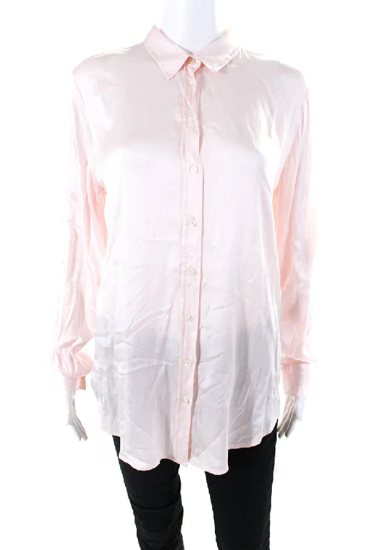 Sharis Place Womens Irina Long Sleeve Satin Button Up Shirt Blouse Pink