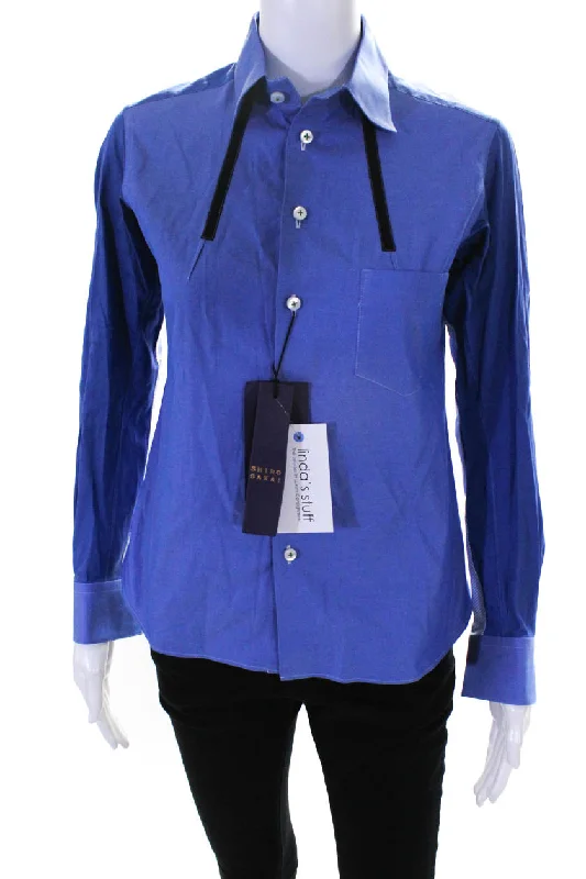 Shiro Sakai Womens Collared Cotton Button Down Blouse Top Blue