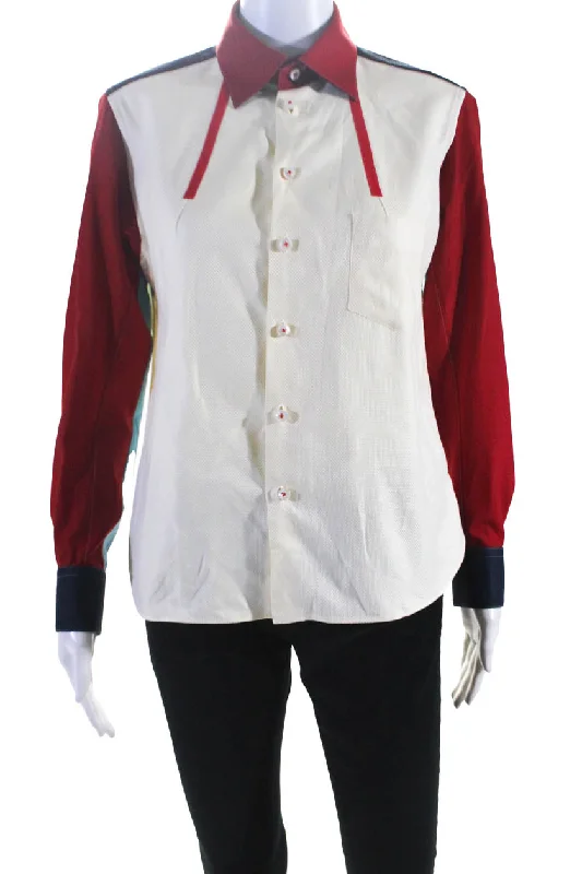 Shiro Sakai Womens Color Block Woven Shirt Blouse Ivory Red Navy