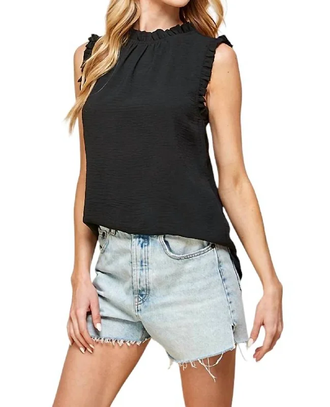 Solid Mock Neck With Ruffle Sleeveless Top In Black