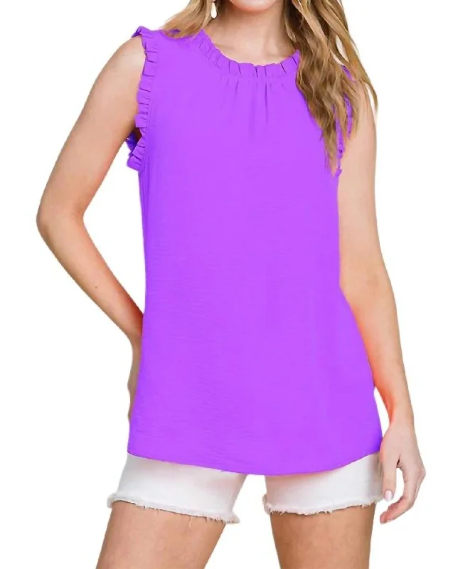 Solid Mock Neck With Ruffle Sleeveless Top In Lavender