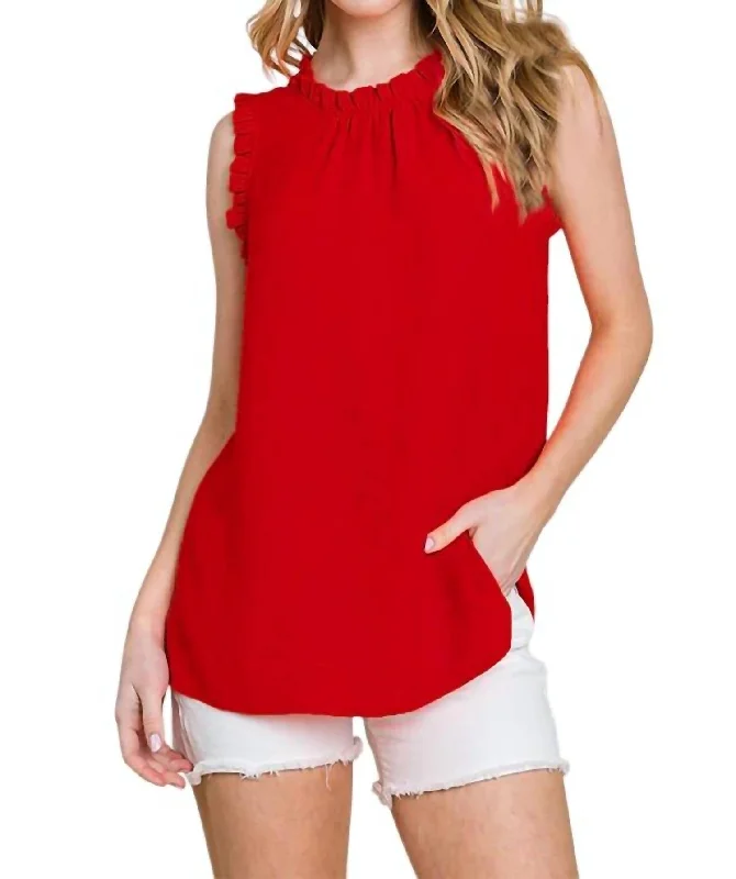 Solid Mock Neck With Ruffle Sleeveless Top In Red