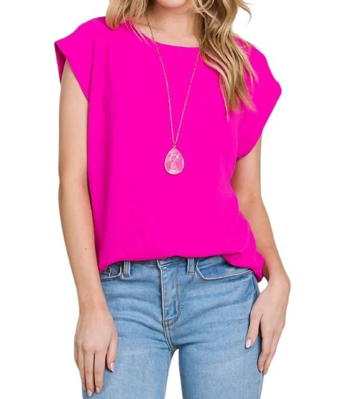 Solid Muscle Sleeve Round Neck Loose Fit Top In Fucshia