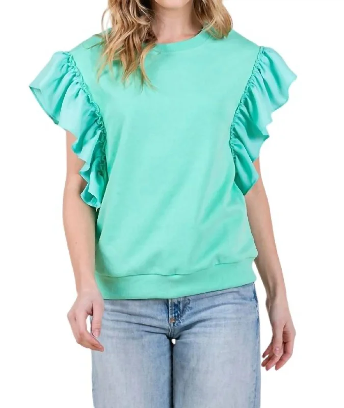 Solid Ruffle Detail Round Neck Top In Sea Green