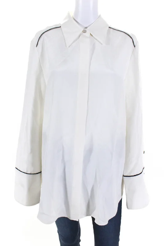 St. John Womens Button Front Collared Long Sleeve Silk Shirt White