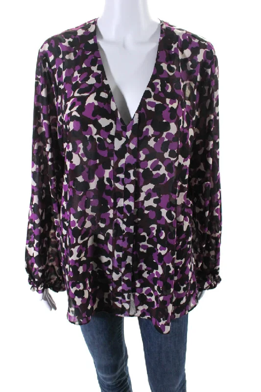 Trina Turk Womens Purple Printed V-Neck Long Sleeve Blouse Top