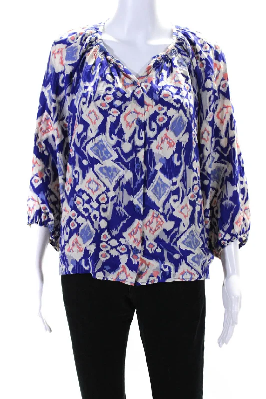 Tucker Womens Silk Ikat Print Long Sleeve V Neck Blouse Blue