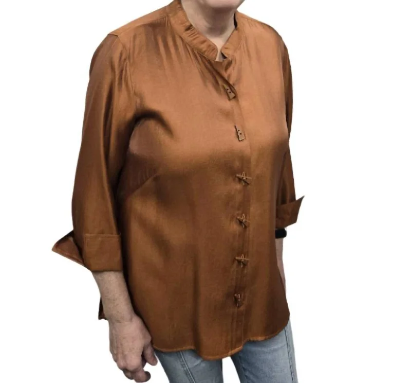 Turn Up Cuff 3/4 Sleeve Buton Down Shirt In Brown (Copper)