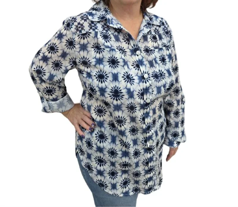 Wear 2 Ways Printed Combo Crepe Blouse In Denim