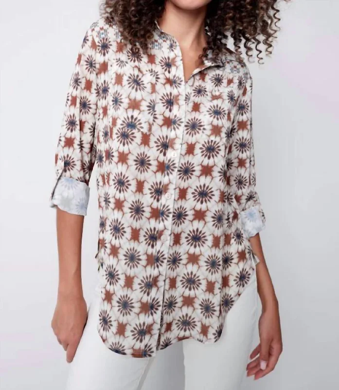 Wear 2 Ways Printed Combo Crepe Blouse In Ecru