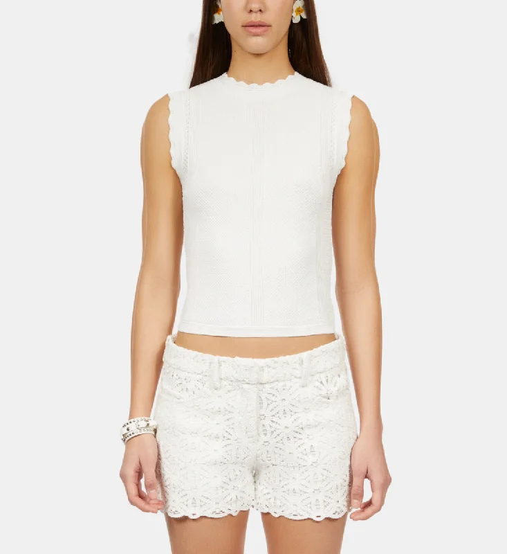 White Openwork Knit Top