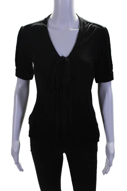 Yves Saint Laurent Womens Short Sleeve Tie Neck Knit Top Black